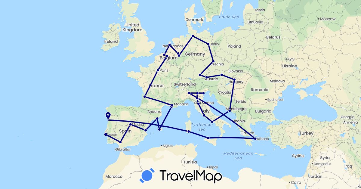 TravelMap itinerary: driving in Austria, Belgium, Czech Republic, Germany, Spain, France, Greece, Croatia, Hungary, Italy, Netherlands, Portugal (Europe)